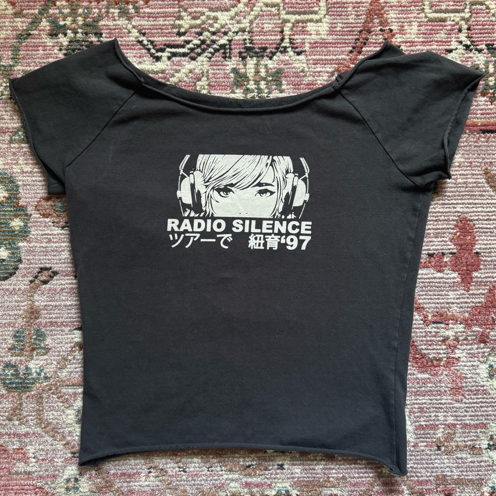 Brandy Melville Black 'Radio Silence' Graphic Crop Top off the shoulder